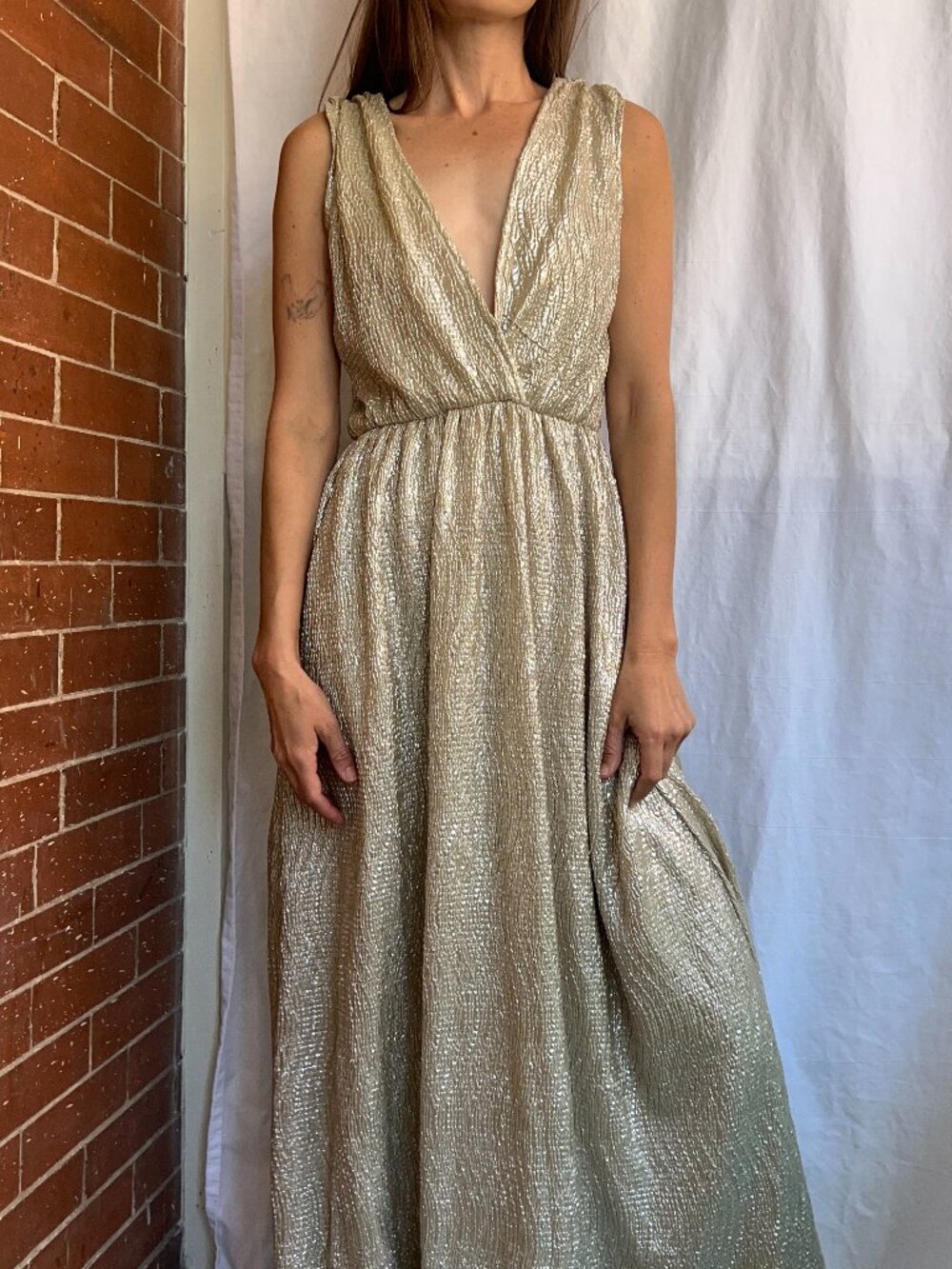 Lulus Champagne Metallic Maxi Dress - Small